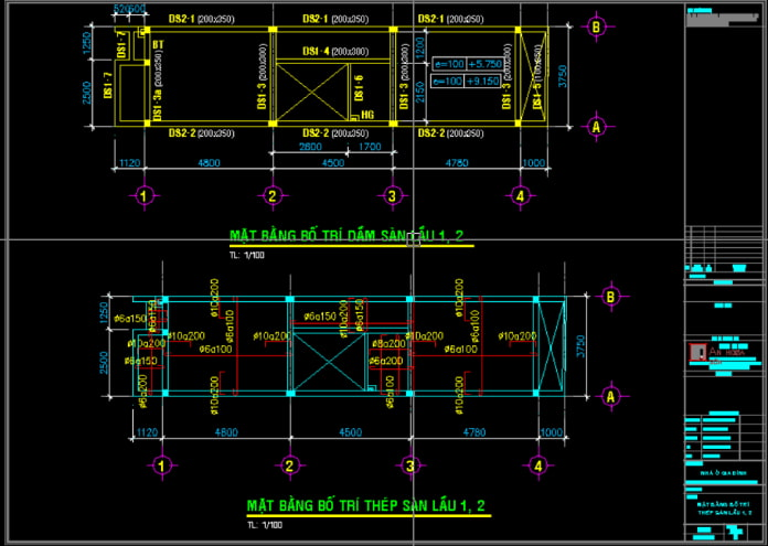 Chi tiết bản vẽ CAD nhà phố 4x16m 2 tầng